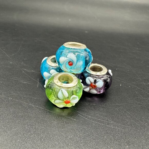 Glass Beads Polka Dot Sterling Silver 925 Charms Bracelet Or Necklace Flowers - Picture 1 of 7